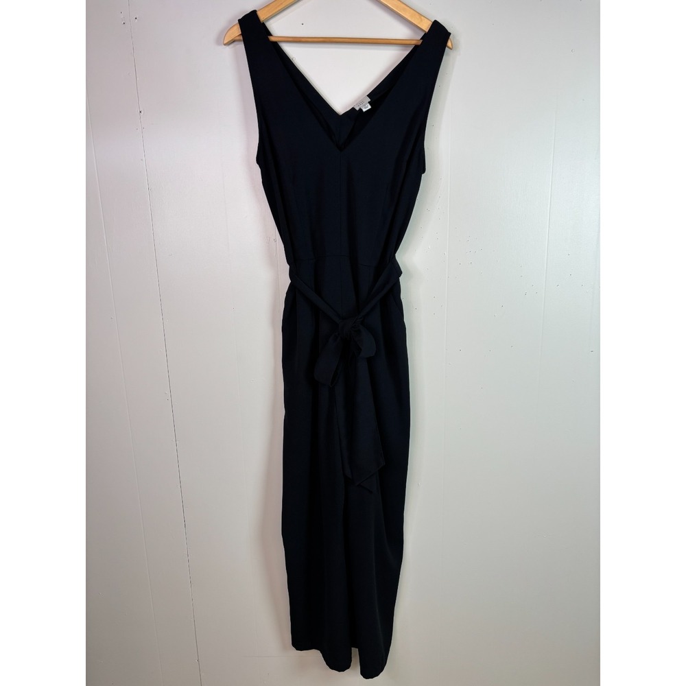 a new day Jumpsuit Medium Black V-Neck Belted Wide Leg Pockets Women's